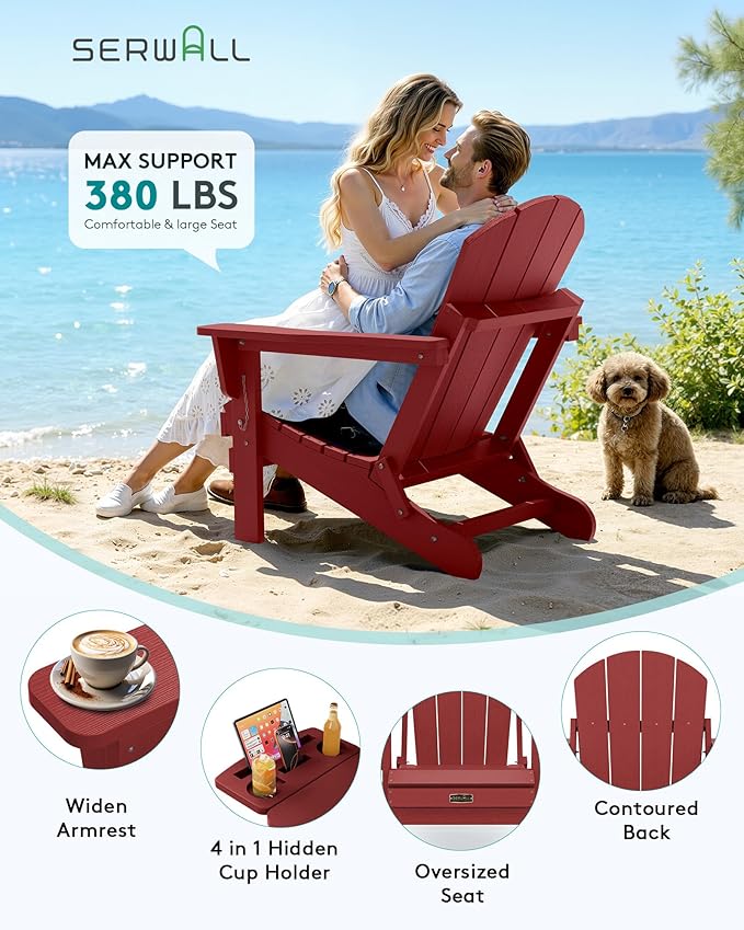 SERWALL Folding Adirondack Chair Set of 4, Outdoor Adirondack Chairs with 4 in 1 Cup Holder, Wood Texture Patio Chairs, Weather Resistant Fire Pit Chairs for Patio Deck Garden, Backyard - Red
