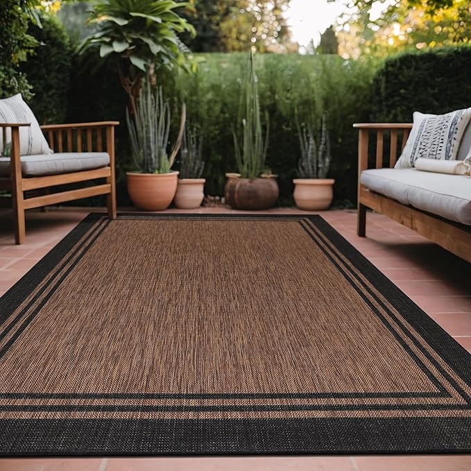 Bordered Outdoor Rug 8x10 Washable Outside Carpet for Indoor Patio Porch Waterproof Easy Cleaning Non Shedding Area Rugs Nut Brown 8 x 10