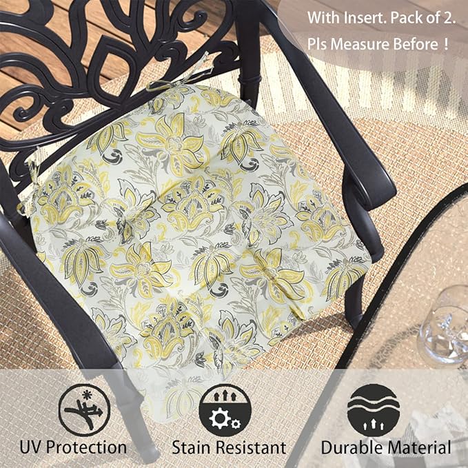 FUNHOME Outdoor Chair Cushions 19 x19 Inch,Water Resistant Tufted Seat Cushions 19",Reversible,Weather Resistant,Rounded Back Wicker Chair Cushion for Patio Garden Furniture(Yellow Flower)
