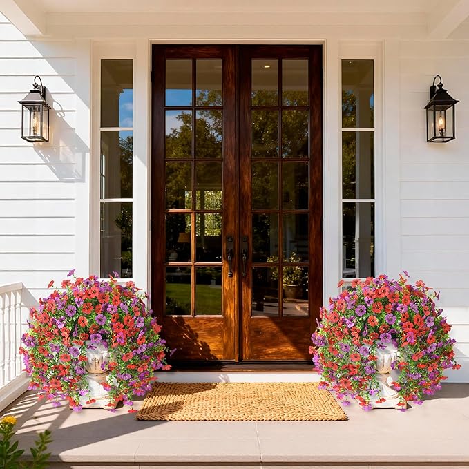 Artificial Hanging Flowers for Outdoors Spring Decoration, 2PCS Silk Fake Daisy Realistic Fake Outdoor Flowers UV Resistant Porch Patio Window Yard Decor(Purple Red)