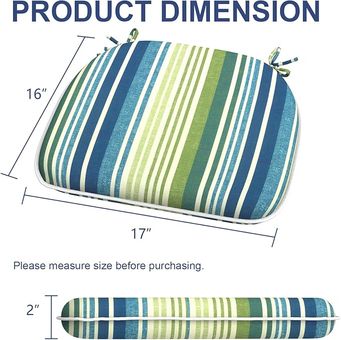 Outdoor Chair Cushions Set of 2, Water Resistant Patio Chair Pads with Ties, Seat Cushions for Home Garden Furniture Decoration, 16"x17", Stripe Blue Green