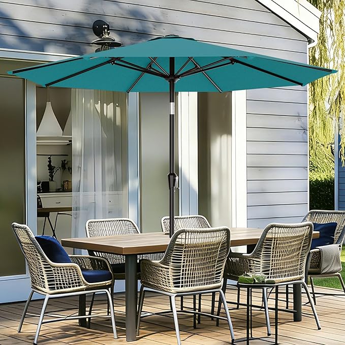 AreShark 9 FT Patio Umbrella for Outdoor, Outdoor Table Umbrella with Push Button Tilt and Crank, Outdoor Patio Umbrellas with 8 Sturdy Ribs for Market, Garden, Pool (Lake Blue)