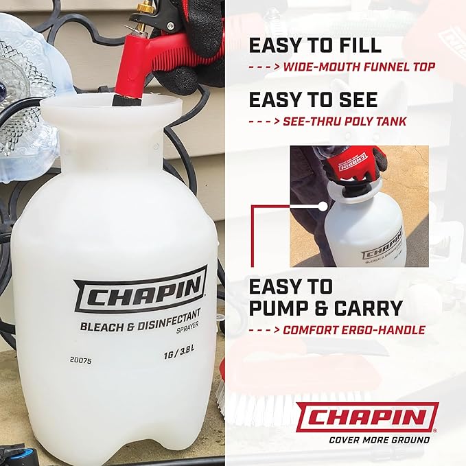 Chapin 20075 Disinfectant Bleach Sprayer, 1 Gallon, Made in The USA, Adjustable Cone Nozzle, Compatible with Bleach Solutions and Fungicides, Translucent White