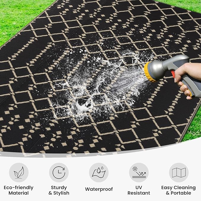 Smiry Outdoor Rug 5x8 ft, Waterproof Reversible Plastic Straw Rugs, Boho Outdoor Area Rug, Outside Floor Mat for Patio, Backyard, Deck, Picnic, Camping, Beach, Champagne