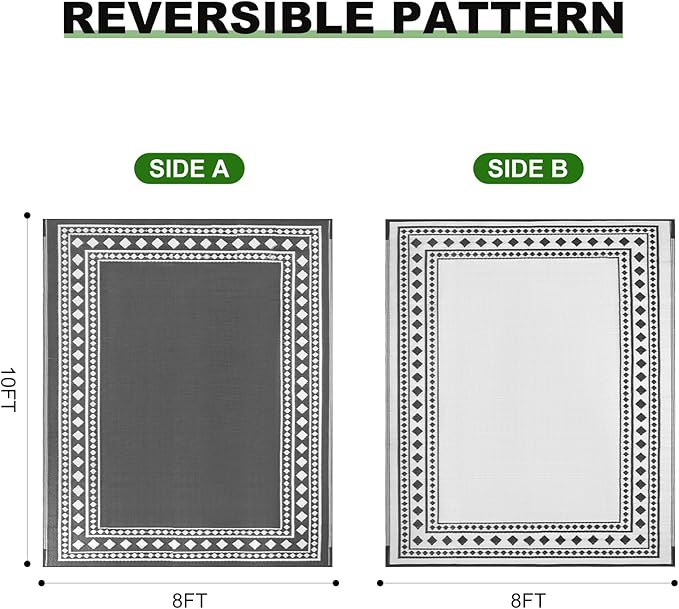 RURALITY Outdoor Rugs 8x10 Waterproof for Patios Clearance,Plastic Straw Mats for Backyard,Porch,Deck,Balcony,Grey and White