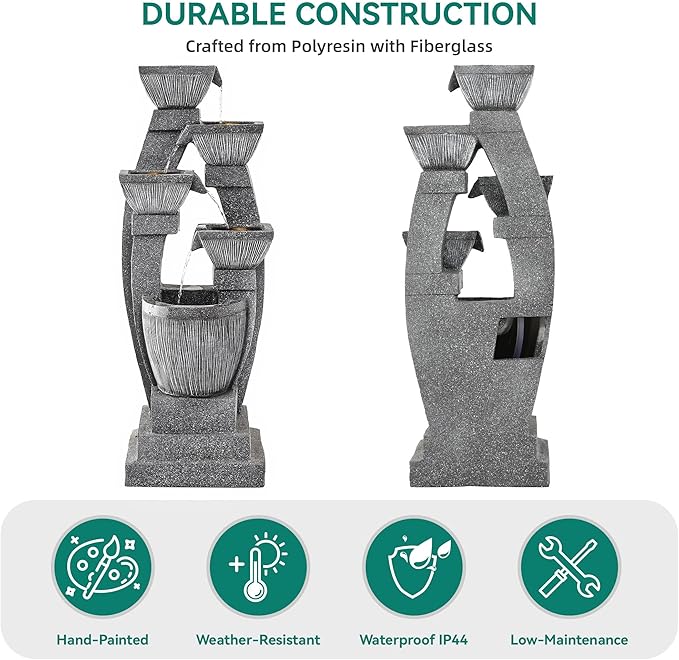40.5" Outdoor Fountain, Four-Column & Bowls Water Feature with LED Lights, Modern Resin Soothing Cascading Waterfall for Patio, Backyard, Garden or Porch