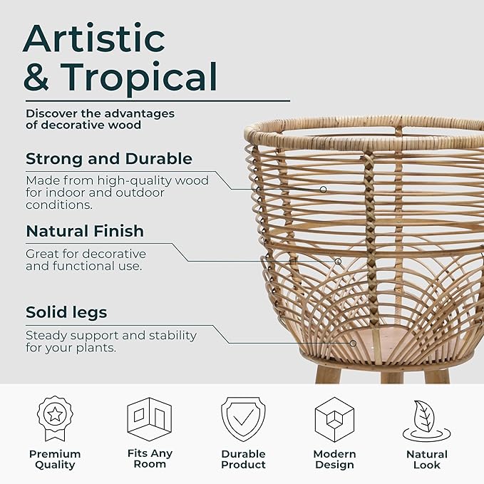 Set of 2 Rattan Planters with Wooden Stands – Boho Home Decor Woven Plant Pots with Natural Rustic Style – Indoor & Outdoor Floor Planters for Living Room, Bedroom, or Garden – 18" & 22", Brown