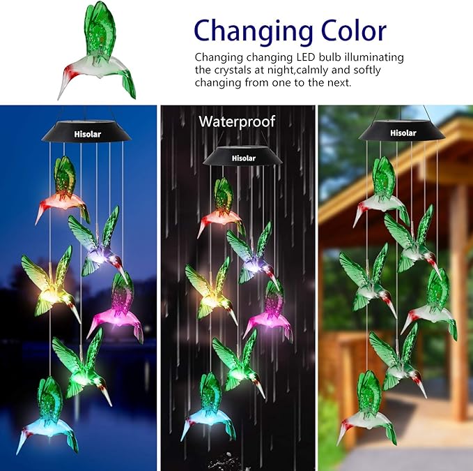 Hummingbird Solar Wind Chimes Outdoor Color Changing LED Solar Chimes Light Birthday Gifts for Women Garden Gifts for Mom Grandma Mothers Day Memorial Wind Chimes