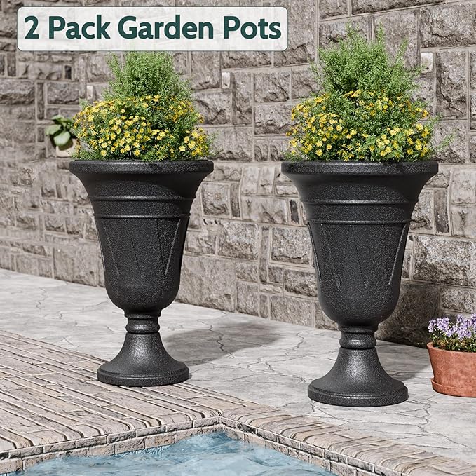 23.6" Tall Plastic Urn Planters for Outdoor Plants, Set of 2 Heavy-Duty Classic Indoor Large Flower Pots with Drainage Holes & Trophy Design, Outdoor Planters for Porch, Home Garden, Black