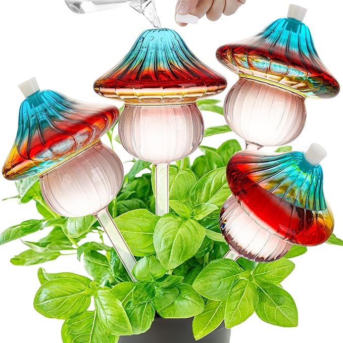 11 oz Large Plant Watering Globes Mushroom, Gradient Color Glass Watering Bulbs, Self Watering Planter Insert, Self Watering Globes - Vacation Plant Watering Devices for Travel (Large 4-Pack)