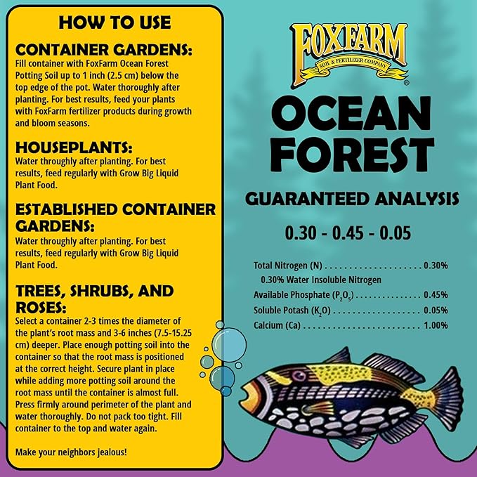 FoxFarm Ocean Forest Potting Soil for Container Gardens - Light, Aerated Texture with Fish Emulsion, Crab Meal, Earthworm Castings - Houseplant Potting Mix for Seedlings & Plant Starts - 2 x 1.5 Cu Ft