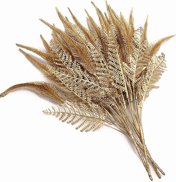 CATTREE Christmas Artificial Plants, Plastic Grass Faux Shrubs Fake Leaves Simulation Setaria Bushes Home Indoor Outdoor Garden Wedding Festival Decoration Hall Table Planter Filler – Gold 4 Pack