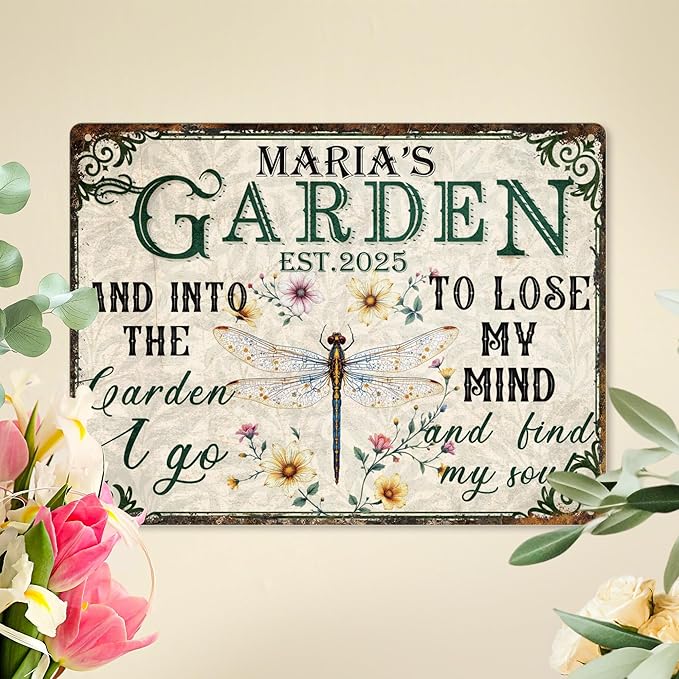 Custom Garden Signs Personalized Metal Tin Sign for Women, Retro Funny Dragonfly Metal Sign for Outdoor, Patio, Yard Rustic Home Decor Gift for Mothers Day, Grandmas, and Gardening Lovers