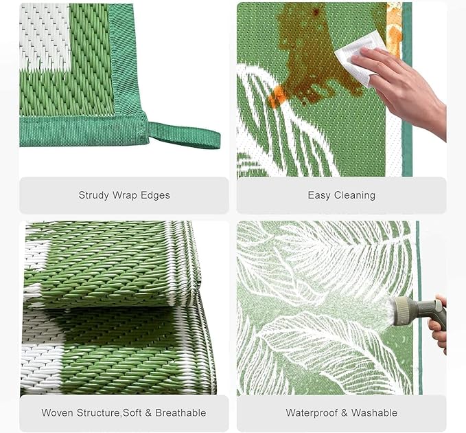 wikiwiki Outdoor Rug, 9x18ft Waterproof Reversible Mat Indoor Outdoor Rugs Carpet, Small Area Rug Plastic Straw Rug for Patio Deck Balcony Pool RV Camping Beach Picnic, Green, Rugscape Series