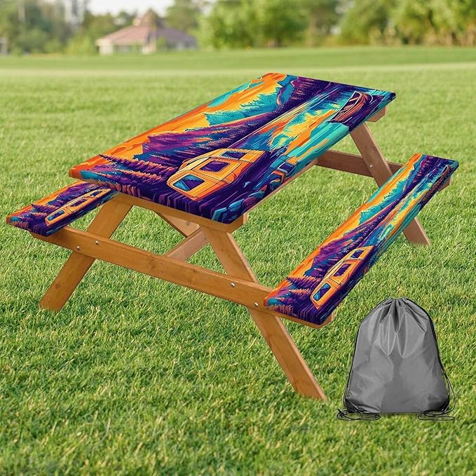 3PCS Picnic Table Cover with Bench Cover Forest Landscape Tent Boat Pattern Camping Tablecloth Fitted Picnic Table Cover with Elastic Windproof Waterproof, Outdoor & Garden Camping Accessories 96IN