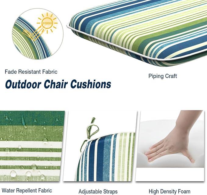 Outdoor Chair Cushions Set of 2, Water Resistant Patio Chair Pads with Ties, Seat Cushions for Home Garden Furniture Decoration, 16"x17", Stripe Blue Green