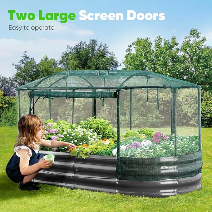 Quictent Galvanized Raised Garden Bed Kit with Self Watering System and Mesh Cover, Large Oval Metal Outdoor Planter Garden Boxes for Vegetables Herbs Flowers, 6x3x1Ft