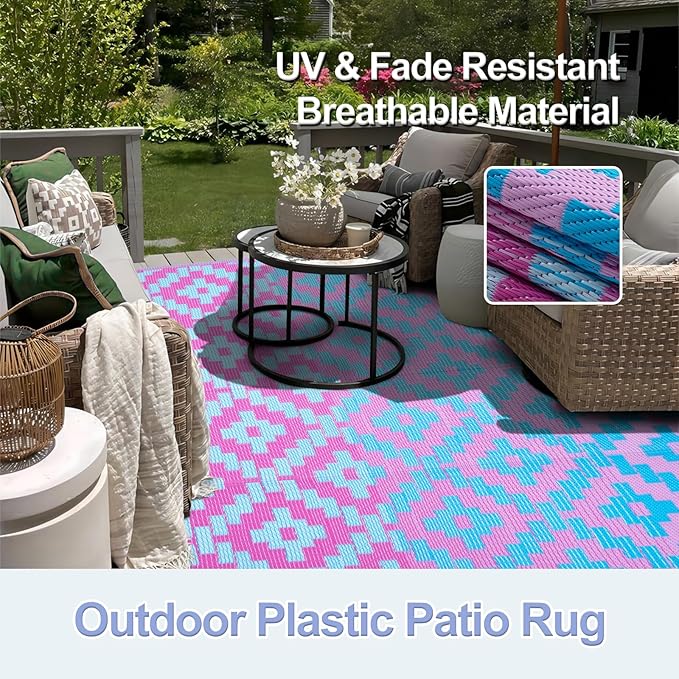 Wonnitar 8x10 Outdoor Rug, Large Waterproof Reversible Plastic Straw Rug for Patios, Indoor/Outdoor Area Rug Lightweight Camping Rug for Outside RV Balcony Garden Deck, Blue/Purple