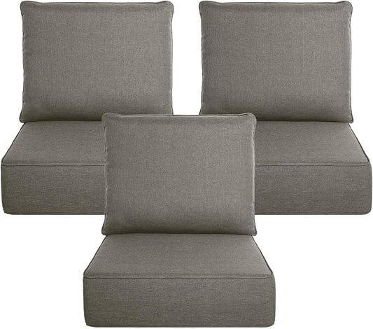 Belord Luxury 6" Thick Outdoor Cushion 3 Set - 24 x24 Inch 28D Sponge Filling Fade-Resistant Chair Cushion, Spill Proof Removable Patio Furniture Replacement Cushion for Sofa Bench Swing - Grey
