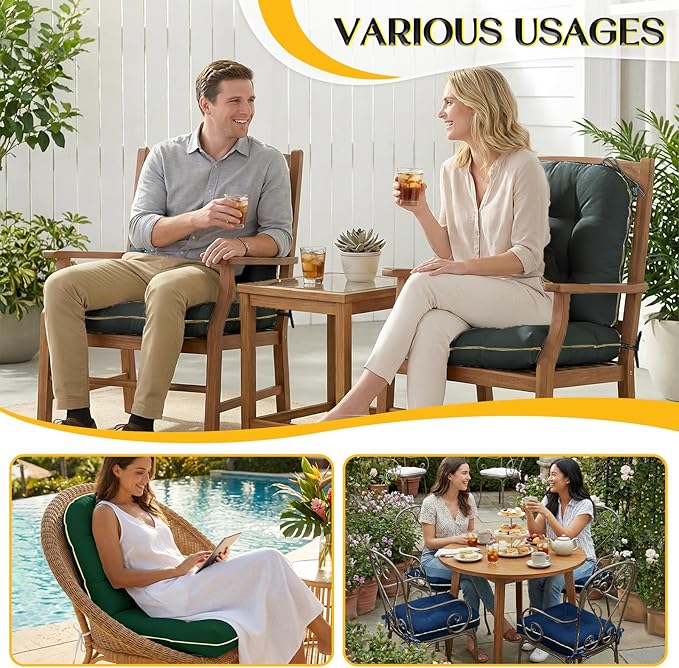 Outdoor Chair Cushions Set of 2, Outdoor Cushions for Patio Furniture and Wicker Chair, Memory Foam Patio Seat Cushion Pads with Ties, 19 x 19 Inch (Green)