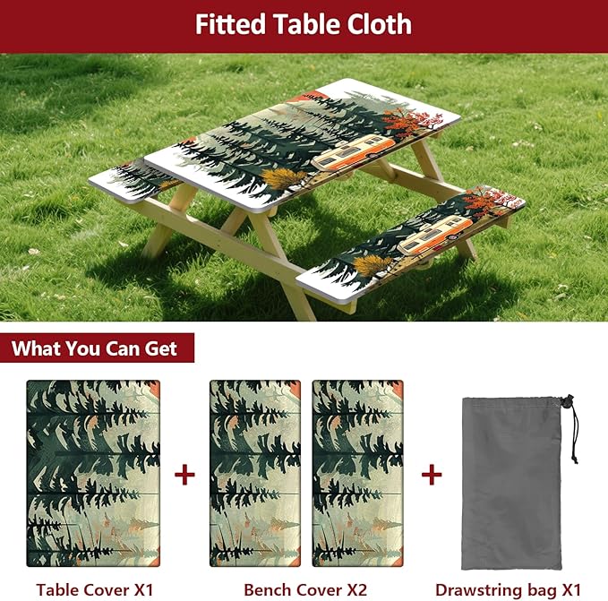 KENOBEE Picnic Table Cover with Bench Covers 6FT 3PCS, Camping Essentials Waterproof Windproof Tablecloth with Drawstring Bag, Fitted Rectangle Tables and Seats, 72", RV Serenity