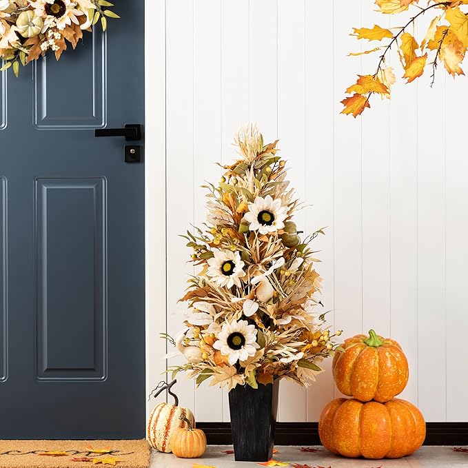 Glitzhome 2 PCS 36”H Fall Porch Tree, Harvest Artificial Porch Tree with Sunflower, Pinecone and Berry Porch & Black Planter, for Autumn Fall Harvest Thanksgiving Christmas Decoration