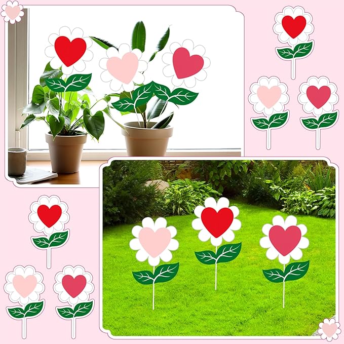 BreezeHug 3 Pcs 11" W 13.7" H Valentine's Day Heart-Shaped Flower Yard Stakes Outdoor Large Planter Garden Stakes Sign Valentine Flower Stick Pink Red Decorative for Yard Patio Lawn Spring Decor