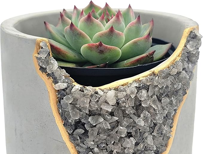 4 Inch Crystal Plant Pot with Saucer - Cement Geode Planter - Concrete Pots for Plants - Modern Succulent Pot Indoor - Unique Air Plant Holder - Candle Holder - Small Plant Home Decor (Smoky Quartz)