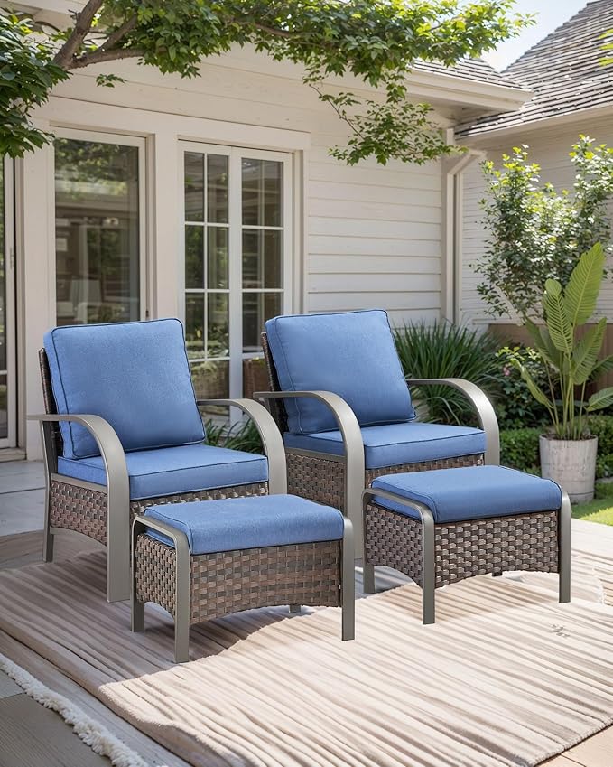 HUMMUH Outdoor Wicker Chairs Set of 2-All Weather Rattan Wicker Patio Chairs with Ottoman Small Outdoor Furniture Set for Deck Porch Garden Poolside Backyard-Brown/Blue