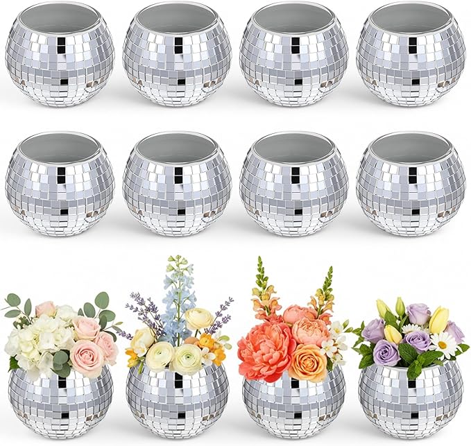 12 PCS Disco Ball Candle Holder, Silver Disco Ball Vase 2x2.6Inch Multifunctional Pencil Cup Discos Flower Vase Discos Balls Centerpieces for Wedding Centerpieces,Birthday,Office,Bedroom Decor
