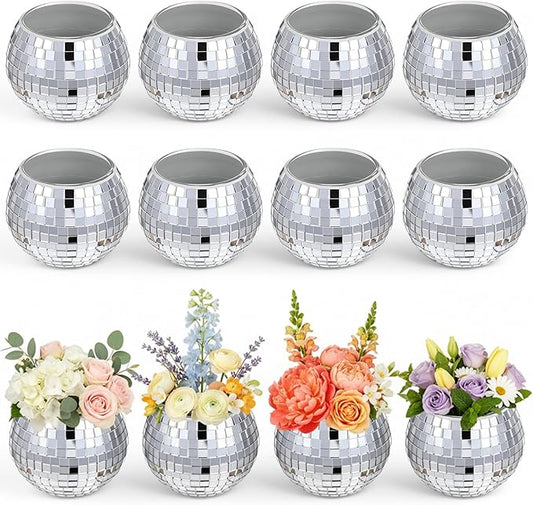 12 PCS Disco Ball Candle Holder, Silver Disco Ball Vase 2x2.6Inch Multifunctional Pencil Cup Discos Flower Vase Discos Balls Centerpieces for Wedding Centerpieces,Birthday,Office,Bedroom Decor