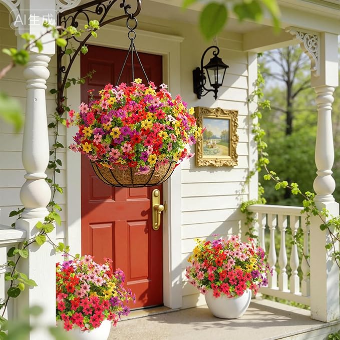 SHareconn 24 Bundles Artificial Flowers for Outdoors Spring Decoration, Fake Silk Realistic Faux Plants UV Resistant for Outside Planter Porch Patio Indoor Decor, RedRosePurpleYellowPink