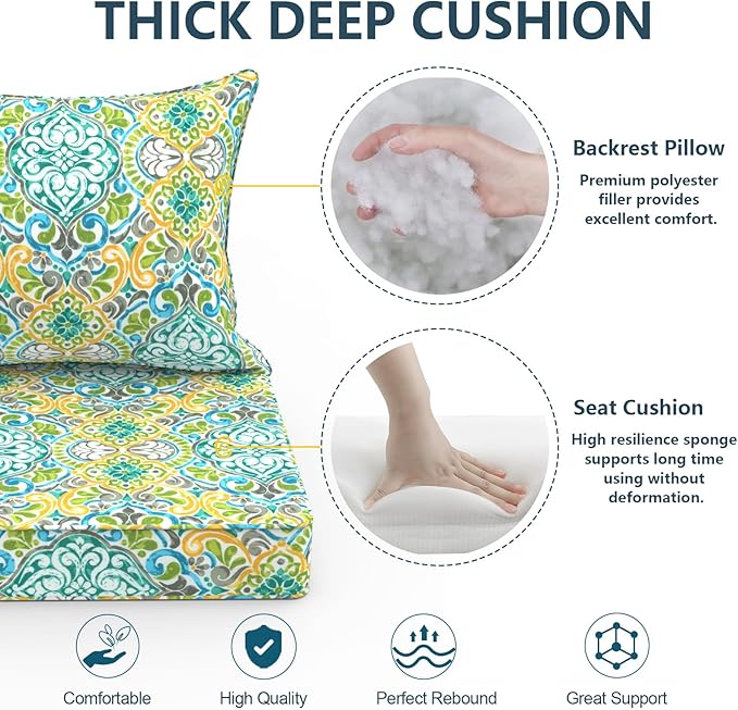 Outdoor Deep Seat Cushion Set, Water Repellent 24"x24" Patio Thick Cushions Replacement with Seat & Back Pillow for Patio Sofa, Wicker Chair, Couch - Damask Green