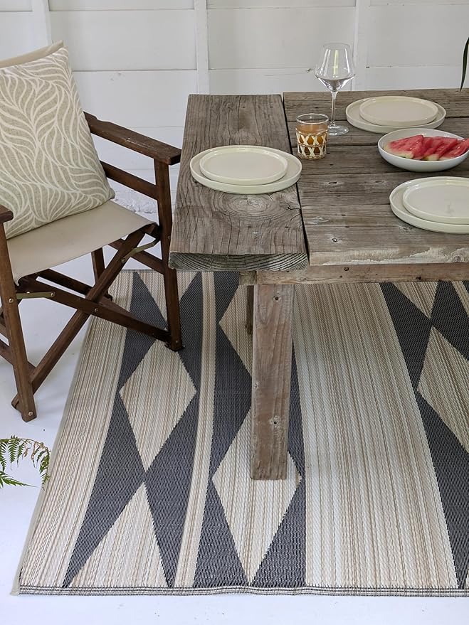 Fab Habitat Outdoor Rug - Waterproof, Fade Resistant, Crease-Free - Premium Recycled Plastic - Geometric Tribal - Porch, Deck, Balcony, Hallway, Poolside - Cairo - Natural & Black - 2.5 x 8 ft Runner