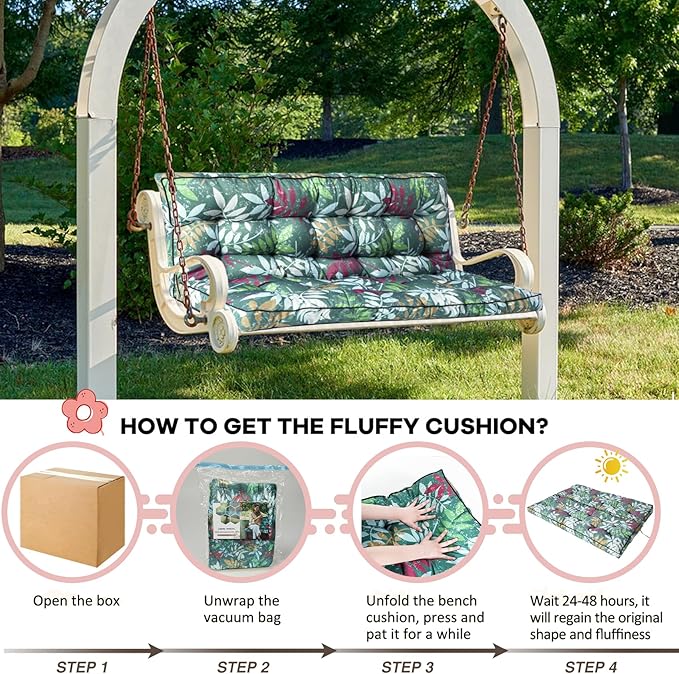2-3 Seat Swing Replacement Cushion, Outdoor Bench Cushions with Backrest Thicken 4", Patio Furniture Garden Porch Loveseat Glider Pad Anti-Fading Waterproof (Green Flower, 40x63in-thicken)