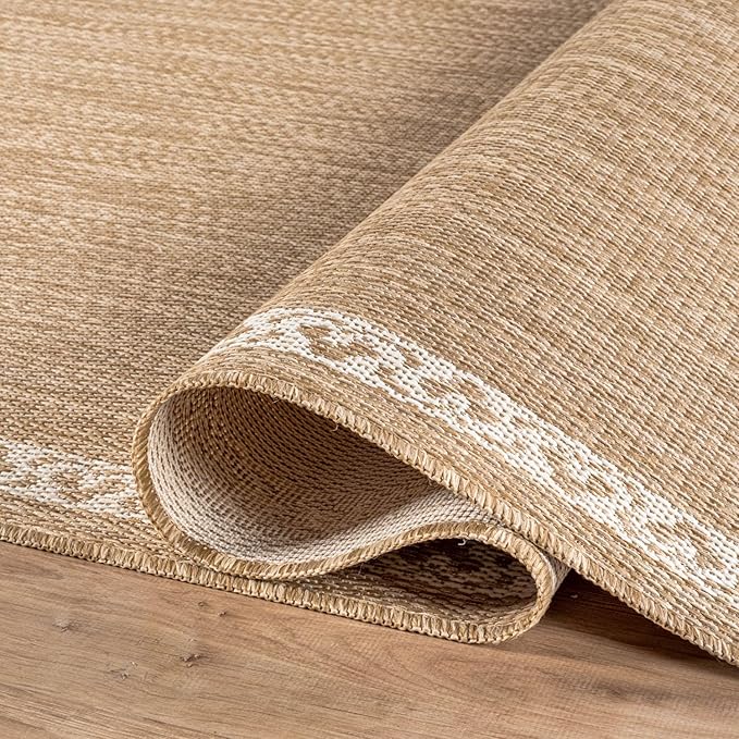 Washable Outdoor Rug 10x14 Modern Area Rugs Outdoor Carpets Bordered Pattern Non Shedding Waterproof Easy Clean Patio Deck Porch Living Room Bedroom Garden RV (10 X 14 Natural)