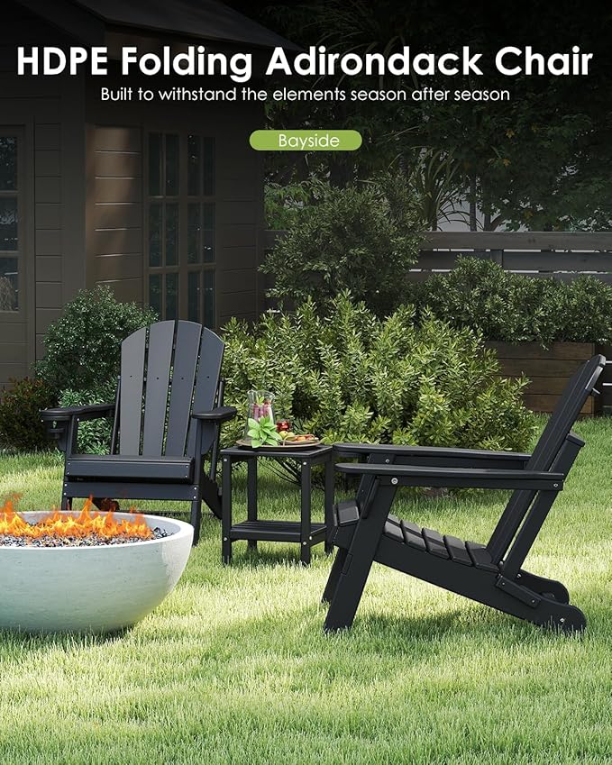 GREENVINES Folding-Adirondack-Chairs-Set-of-4 | HDPE Plastic | Fire Pit Chair | All Weather | Cup Holder | Black | for Deck Backyard Patio Outdoor Garden