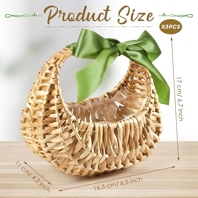 Taiyin Rattan Flower Girl Basket Small Half Moon Straw Wicker Basket with Handle Ideal for Wedding Flower Girl,Picnic,Garden Storage and Home Decor (Green Ribbon)