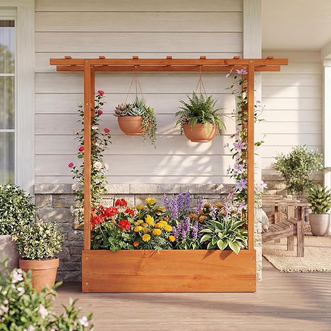 Raised Garden Bed with Trellis, Wood Planter Box w/Trellis, Hanging Roof, Drainage Holes, Freestanding Planter Raised Bed for Outdoor Climbing Plants Flowers, Patio Yard Balcony (2, Orange)
