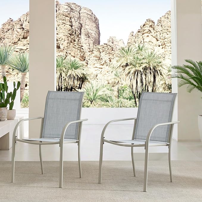 Outdoor Patio Dining Chairs Set of 4, Lightweight Stackable Patio Chairs with Curved Armrests & Wide Seat, Heavy Duty 300 lbs Capacity, Garden Chairs for Backyard, Deck, Poolside, Beige Blue