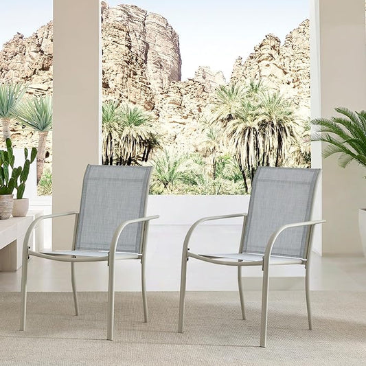Outdoor Patio Dining Chairs Set of 2, Lightweight Stackable Patio Chairs with Curved Armrests & Wide Seat, Heavy Duty 300 lbs Capacity, Garden Chairs for Backyard, Deck, Poolside, Beige Blue