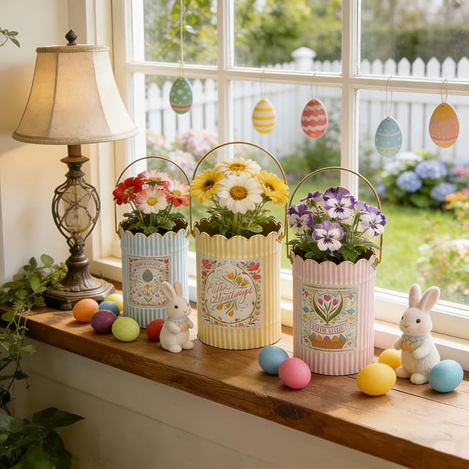 Set of 3 Vintage Floral Metal Bucket, Multi-Size Planters for Flowers & Easter Egg Containers, Rustic Garden & Home Decor