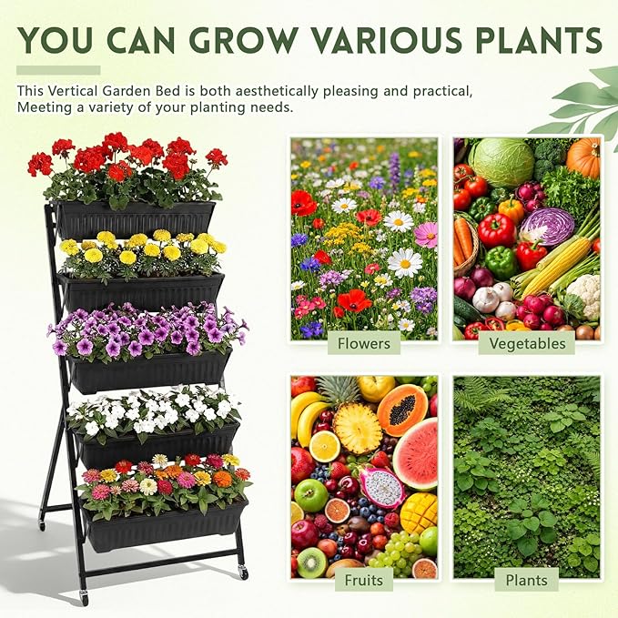 2 Set 4.5 ft Vertical Garden Planter with Lockable Wheels 5 Tier Removable Raised Bed Box for Outdoor Herb Vegetable and Flower Growing Includes Gloves and Screwdriver(Black)