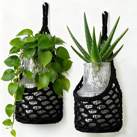 Macrame Wall Plant Hanger, Hanging Planter Basket Holder, Wall Planters for Indoor Plants, for Up to 6 Inch Pot (Black, 6-Inch)