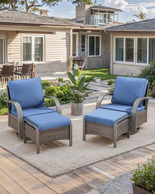 HUMMUH Swivel Rocker Outdoor Chair-High Back Patio Chairs with Ottoman Outdoor Conversation Furniture Sets for Deck Porch Garden Poolside Backyard-Brown/Blue