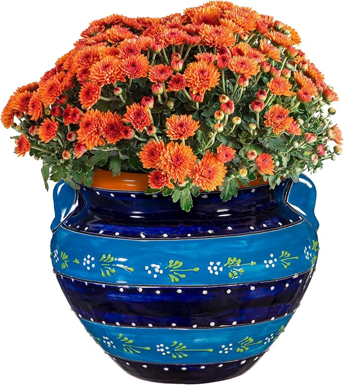 Evergreen Garden Talavera Mexican Pottery Ceramic Chata | Flower Pot Plant Succulent | Indoor Outdoor (12 in. Blue Striped)