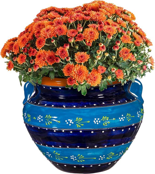 Evergreen Garden Talavera Mexican Pottery Ceramic Chata | Flower Pot Plant Succulent | Indoor Outdoor (12 in. Blue Striped)