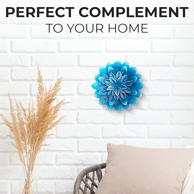 Everydecor Succulent Metal Flowers Wall Decor – Blue, Hand Painted, 3D Flower Art Decoration for Living Room, Bedroom, Kitchen, Bathroom - Floral Decor for Indoor & Outdoor Use