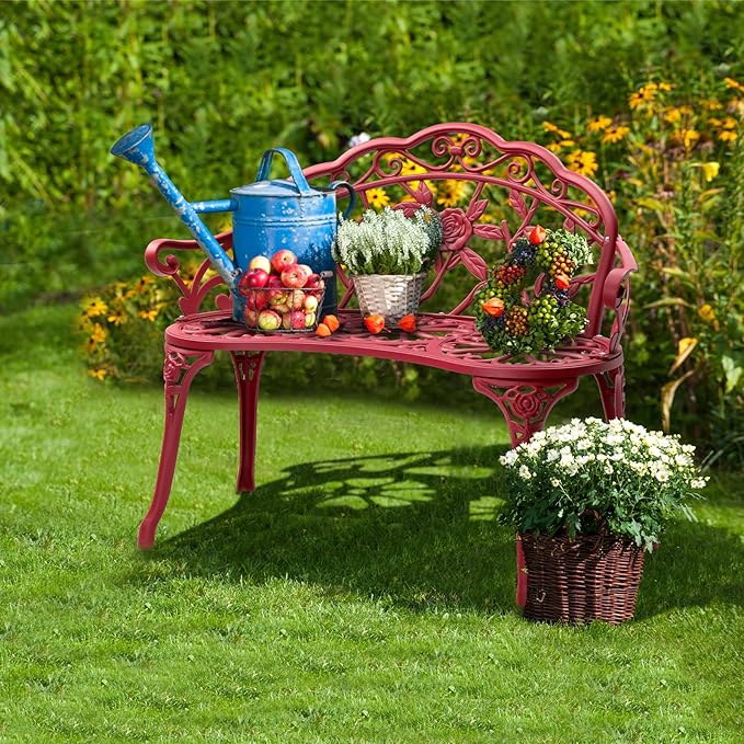 Bonnlo 38.5" Patio Outdoor Bench, Cast Anti-Rust Iron Aluminum Garden Bench with Rose Patten Finish Chair, Entryway Bench 2 Person Seat for Patio, Lawn, Backyard