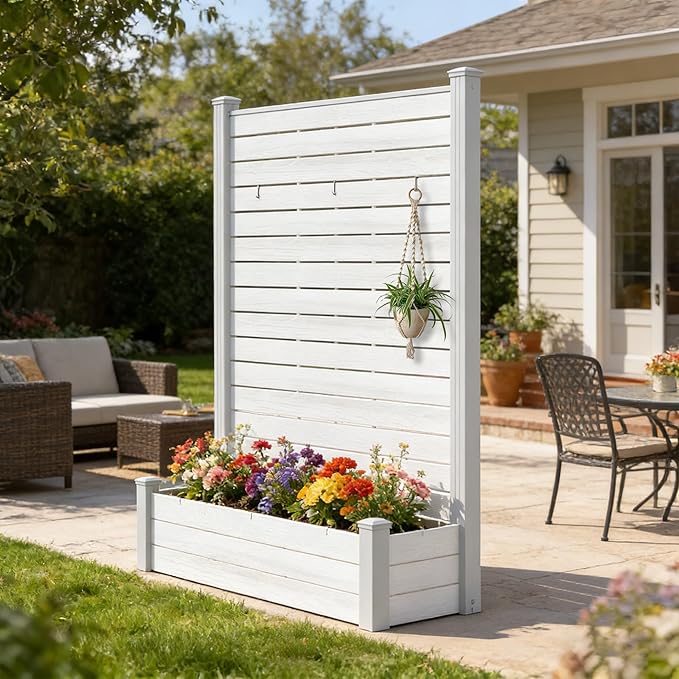 Kozyard Privacy Screen with Planter, 70" H x 51" W Outdoor Garden Screen, Waterproof Aluminum Frame with Thick Wood-Plastic Boards, Decorative Privacy Screen for Patio, Balcony & Backyard White